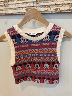 Zara X Disney Cream-Trim Mickey Mouse Fair Isle Knit Vest - Red, Blue, Yellow